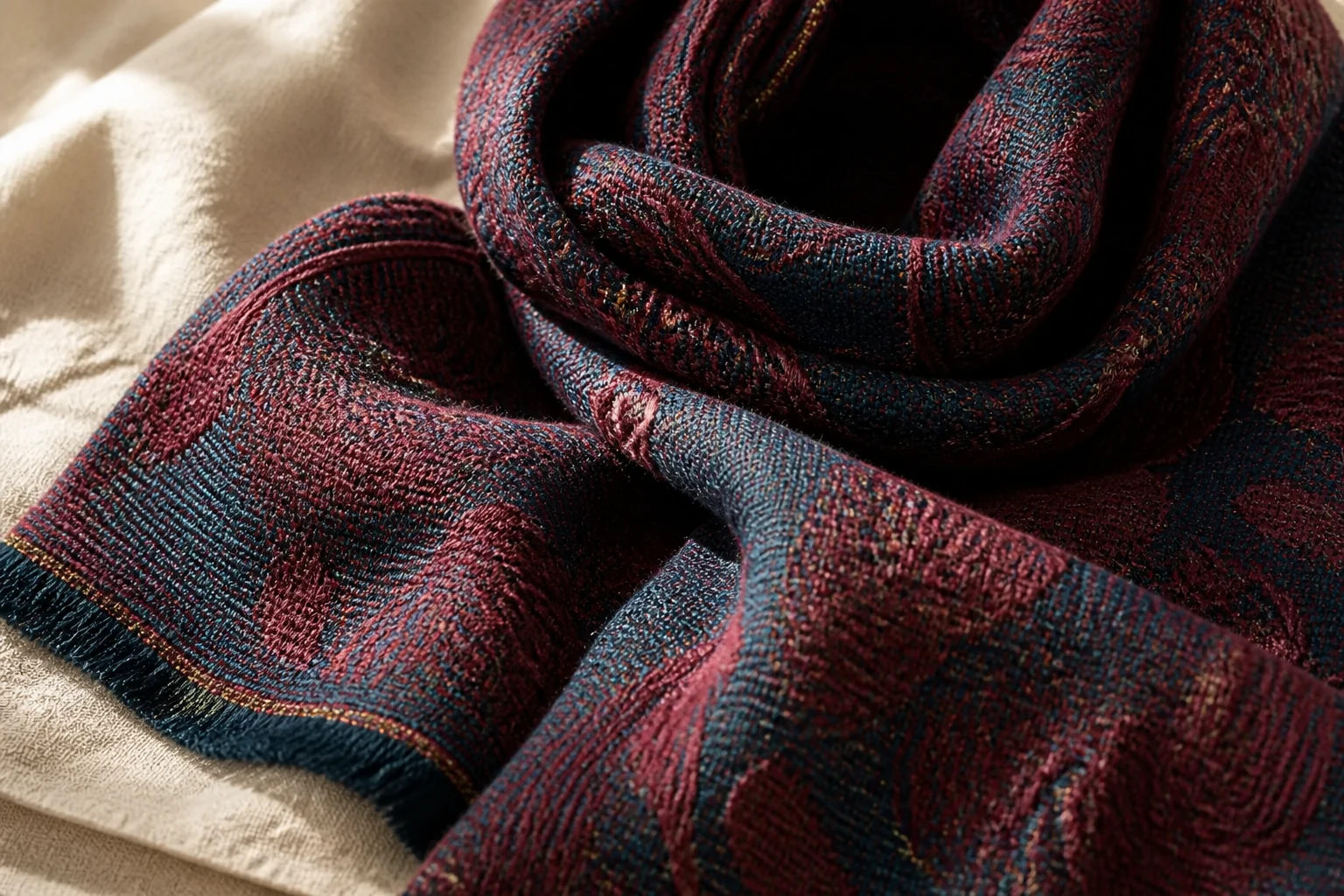 Tecido jacquard em carmim e azul-petróleo com trama estruturada