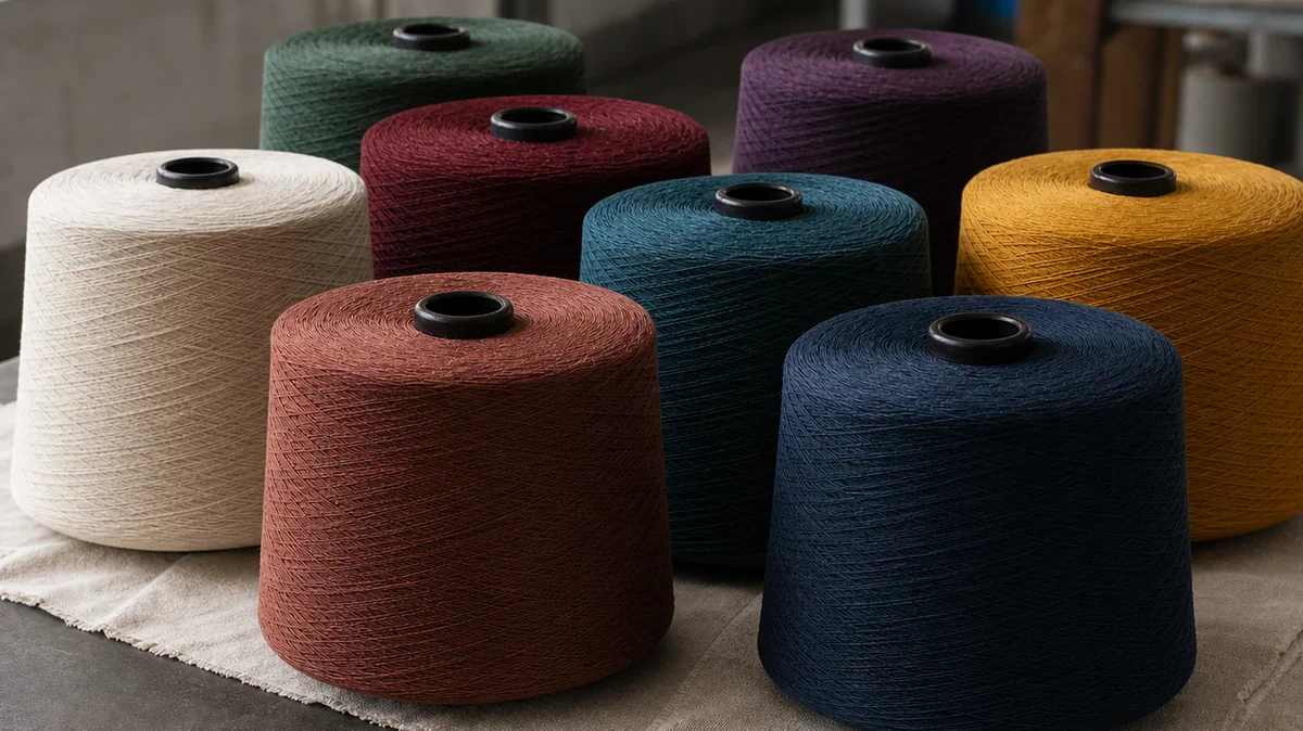 Cones de fios tintos em oito cores com textura e acabamento uniformes