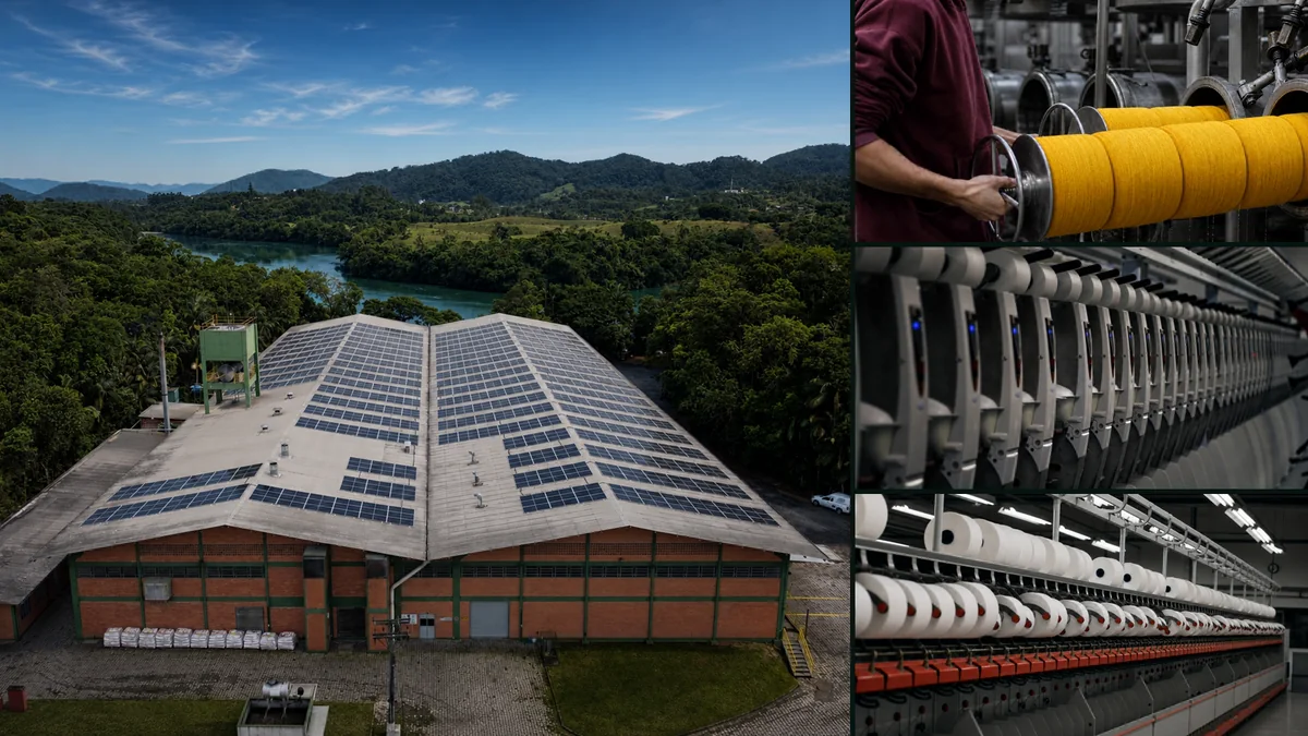 Vista da fábrica no Vale do Itajaí acompanhada por etapas de tingimento, repasse e retorção de fios