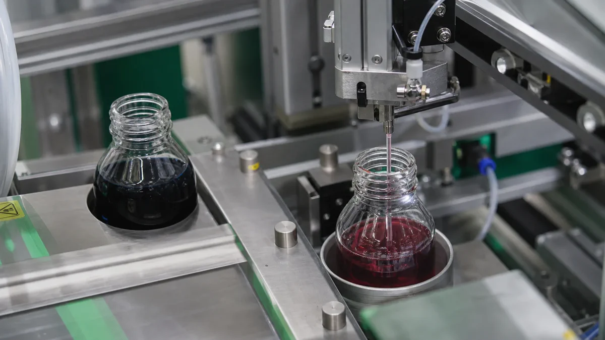 Sistema automatizado dosa soluções de cor em frascos de laboratório