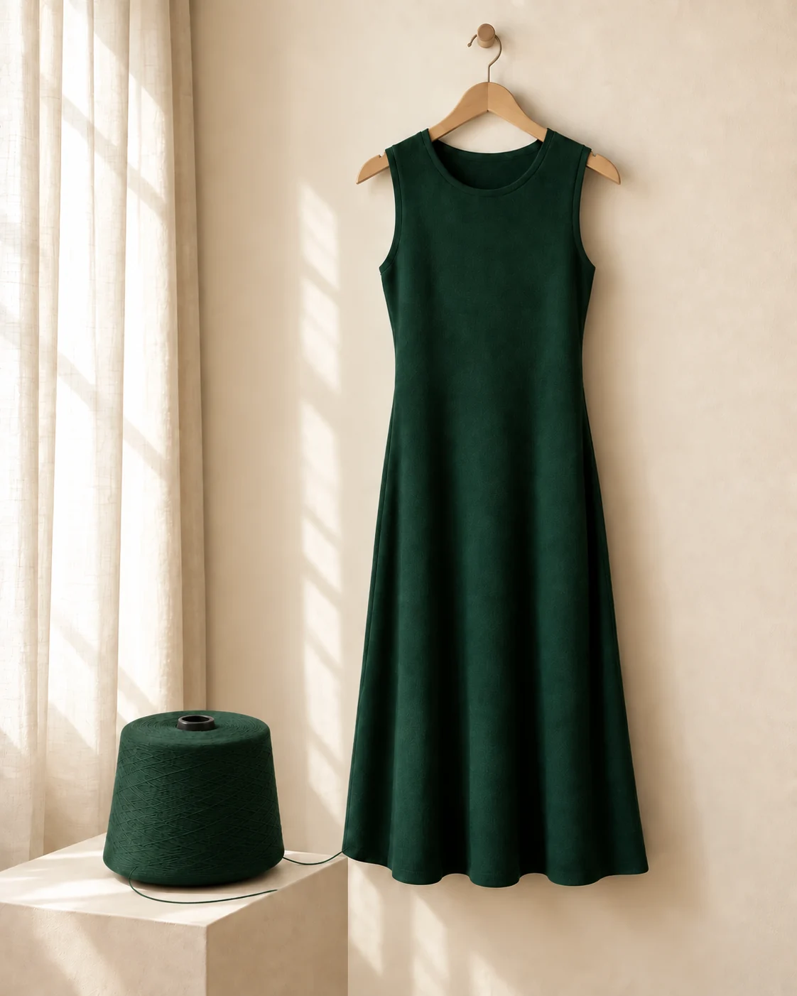 Imagem editorial ilustrativa: Cone verde com fio ligado à barra de um vestido verde em cabide.