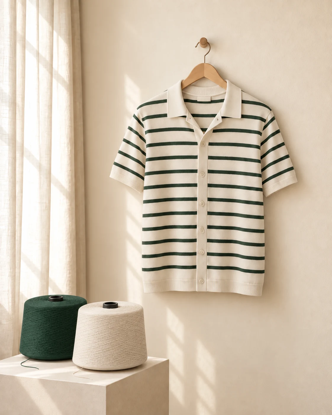 Imagem editorial ilustrativa: Camisa de malha listrada verde e creme e cones nas duas cores.
