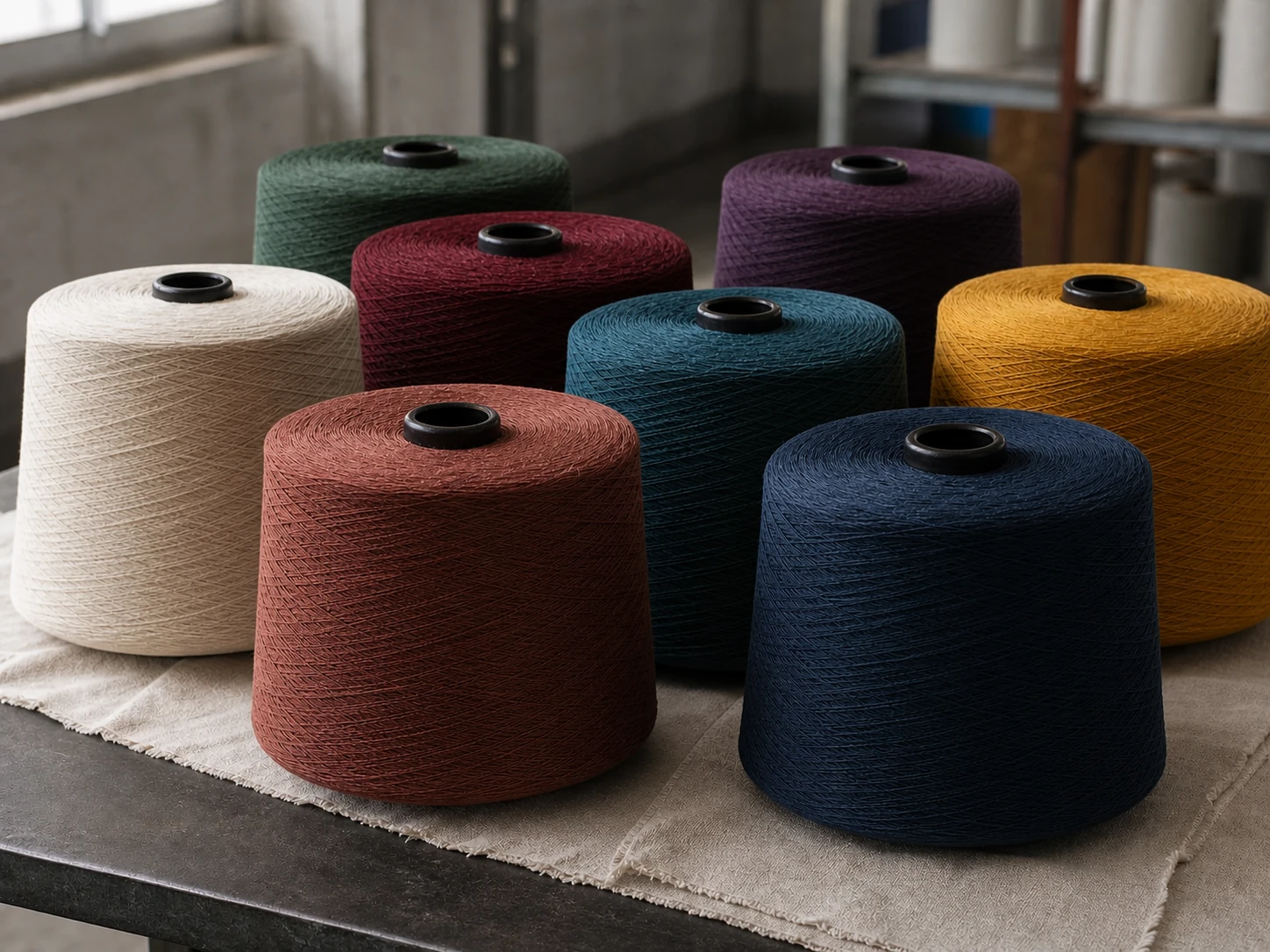 Coleção de oito cones de fios Fiobras em cores sofisticadas
